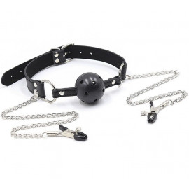 OhMama Fetish Breatherable Ball Gag With Nipple Clamps